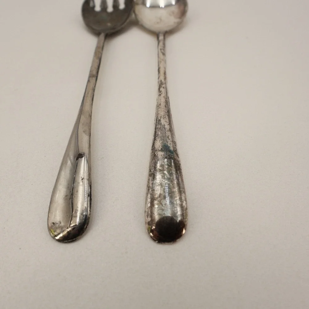 Vintage Silver Plated Italy Salad Servers Spoon and Fork Set Tarnish Patina 9